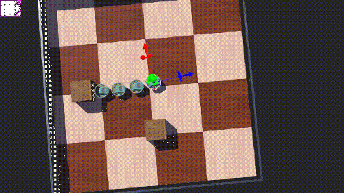 4 robots suiveurs se suivant, le premier suit la caisse